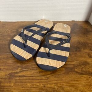 Eve Womens Flip Flop Sandals Navy Blue Wood Grain Striped Thong Beach Shoes 9/10